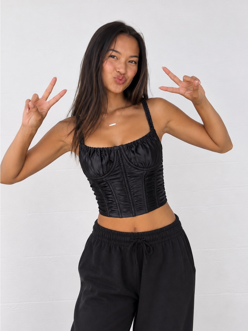 Gilly Hicks Black Ruched Satin Corset Crop Camisole